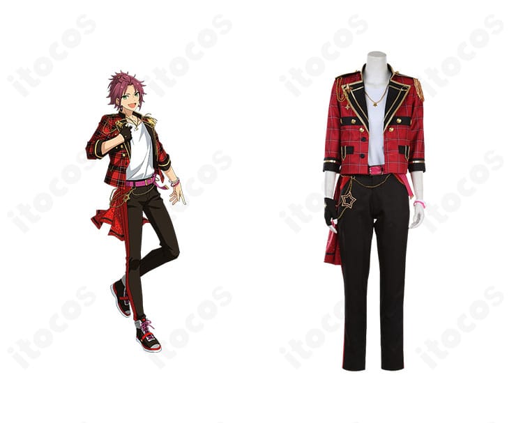 衣更真緒のTrickstarユニット衣装と商品正面を並置した画像。星モチーフと配色の再現度がわかる構図。