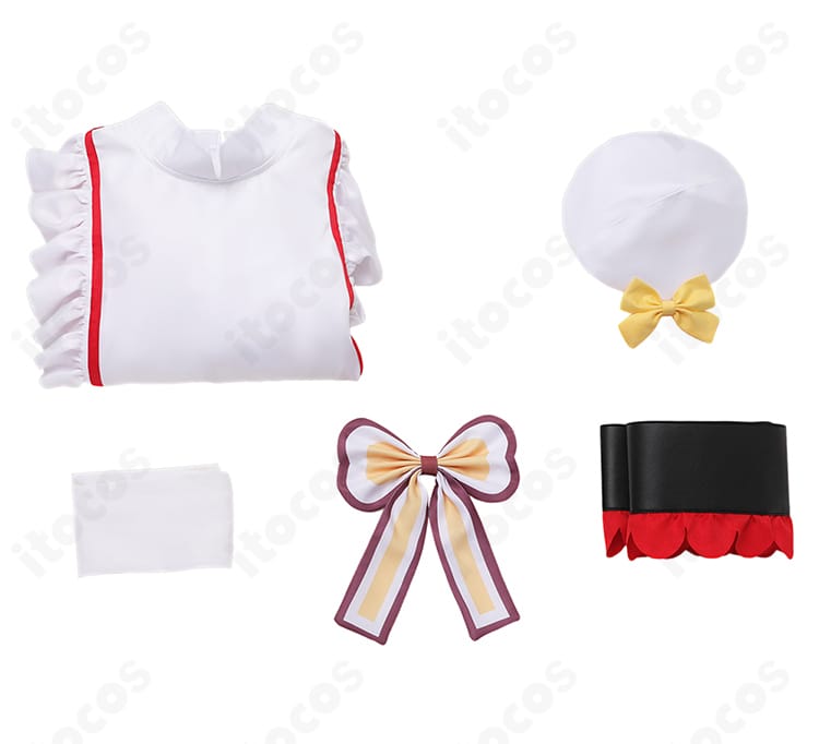 【推しの子】有馬かな B小町アイドル衣装のセット内容一覧。帽子・ワンピース・蝶結び・コルセットベルト・靴下を並べて紹介。