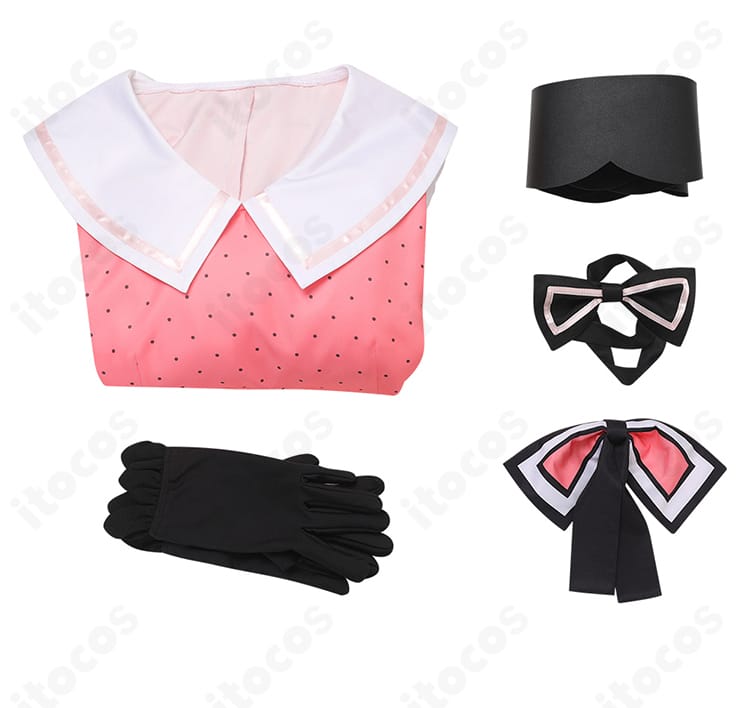 星野ルビー コスプレ衣装5点セット内容一式。ワンピース、手袋、コルセットベルト、髪飾り、蝶ネクタイを配置。