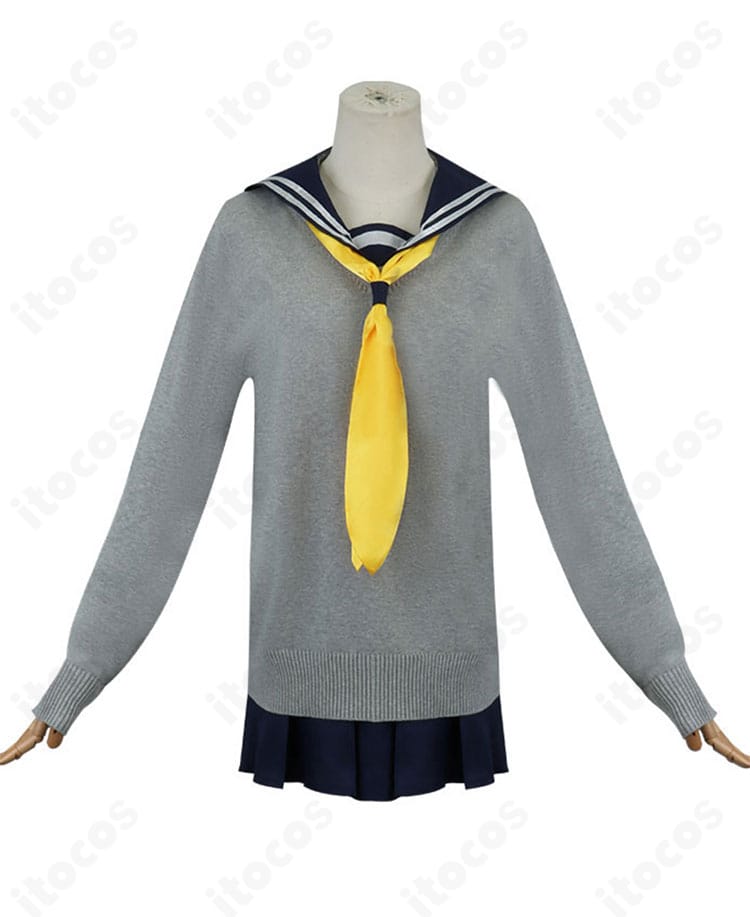 虎視餡子 コスプレ衣装の正面全景。トップスとスカート、セーターのレイヤーがわかる高再現の構成。