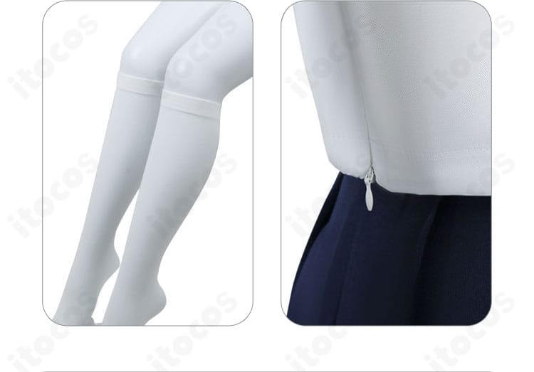 靴下とスカートの装飾チェーンの近接写真。素材のコントラストで足元まで統一感を演出。