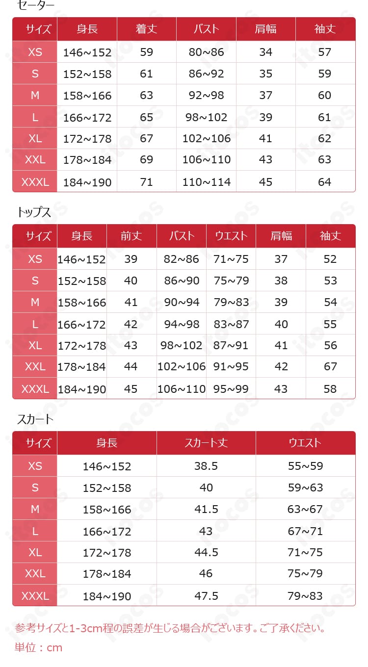 虎視餡子 コスプレ衣装のサイズ表。XS〜XXXLまでの寸法を比較できる参考画像。