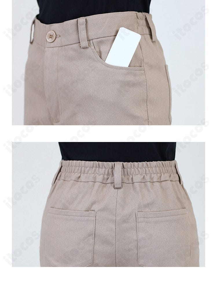 ズボンのポケットディテール。開口部の形状とステッチ、実用性を伝える画像