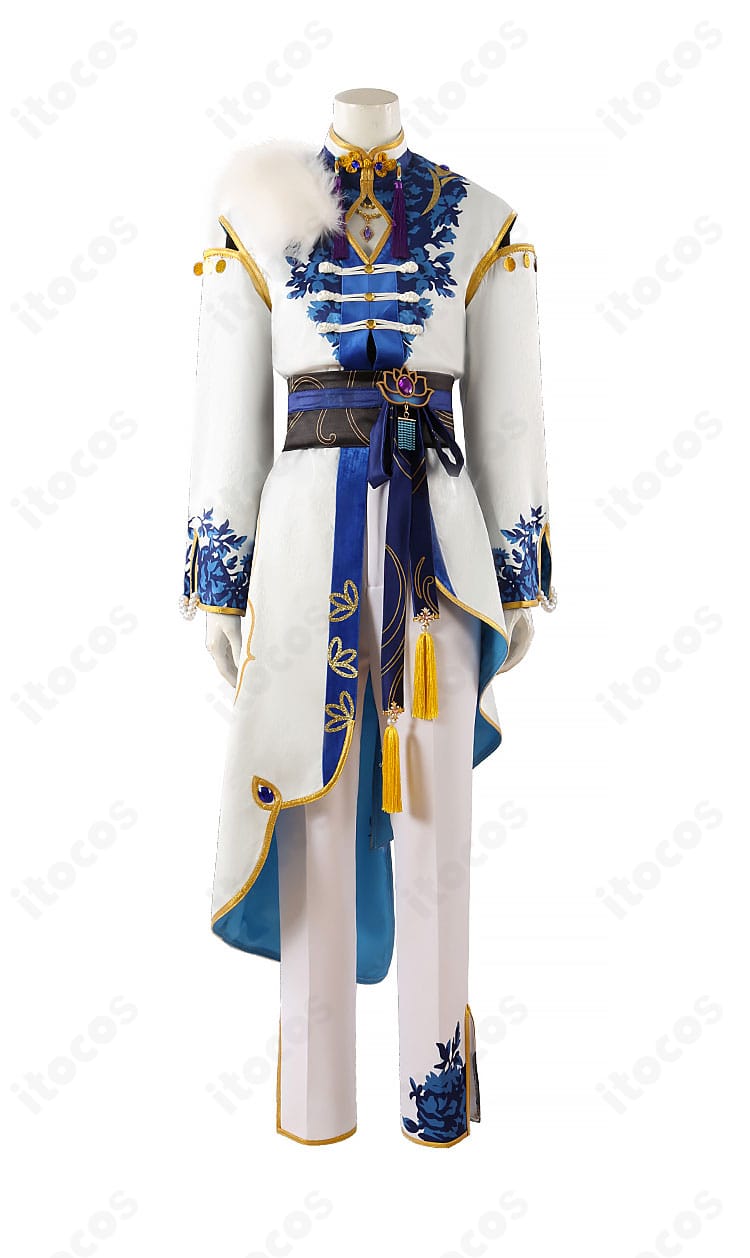 日々樹渉 刹那の白衣装コスプレの正面全身。純白基調に金装飾が映えるデザイン