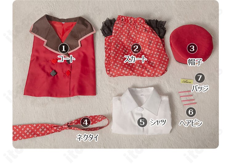 セット内容一覧画像。コート、スカート、帽子、ネクタイ、シャツ、ヘアピン、バッジが揃ったフルコーデを一目で把握できます。