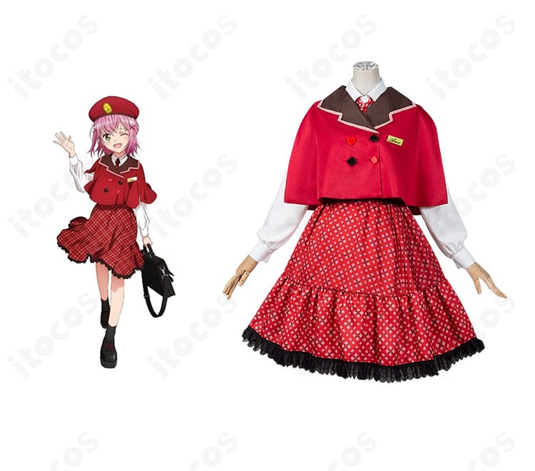 商品正面と日奈森あむのビジュアルを並べた画像。しゅごキャラ! 日奈森あむ クラシカル駅員風コスプレ衣装の全体シルエットと装飾を確認できます。