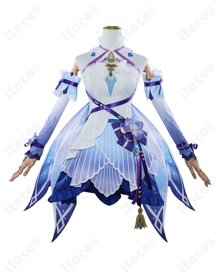 原神 ニィロウ 東風はこぶ花の吐息 コスプレ 正面図。配色とシルエット、胸飾りなどのディテールが分かる画像。