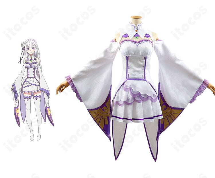 エミリアのキャラクターイメージと商品正面を並置した通常衣装コスプレ一式の全景写真