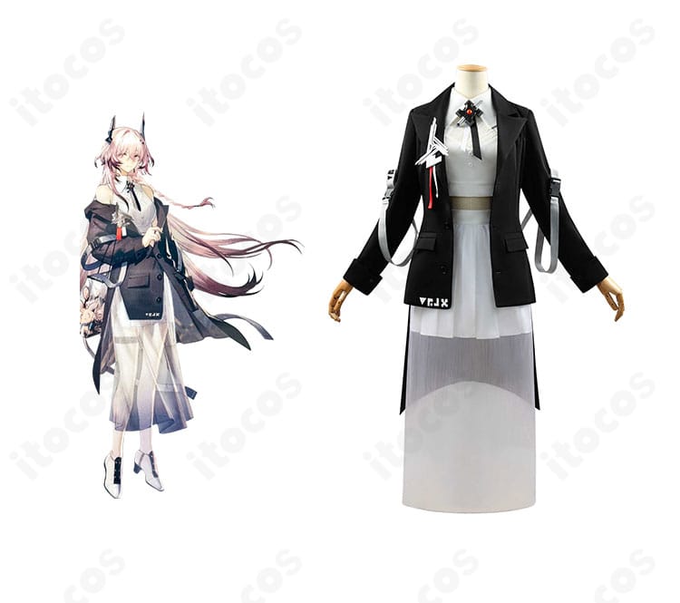 アークナイツ テレジア 音律聯覚2024コスプレ衣装の正面全身とキャラクター比較。高再現の儀礼風コートドレスでイベント・撮影向け。