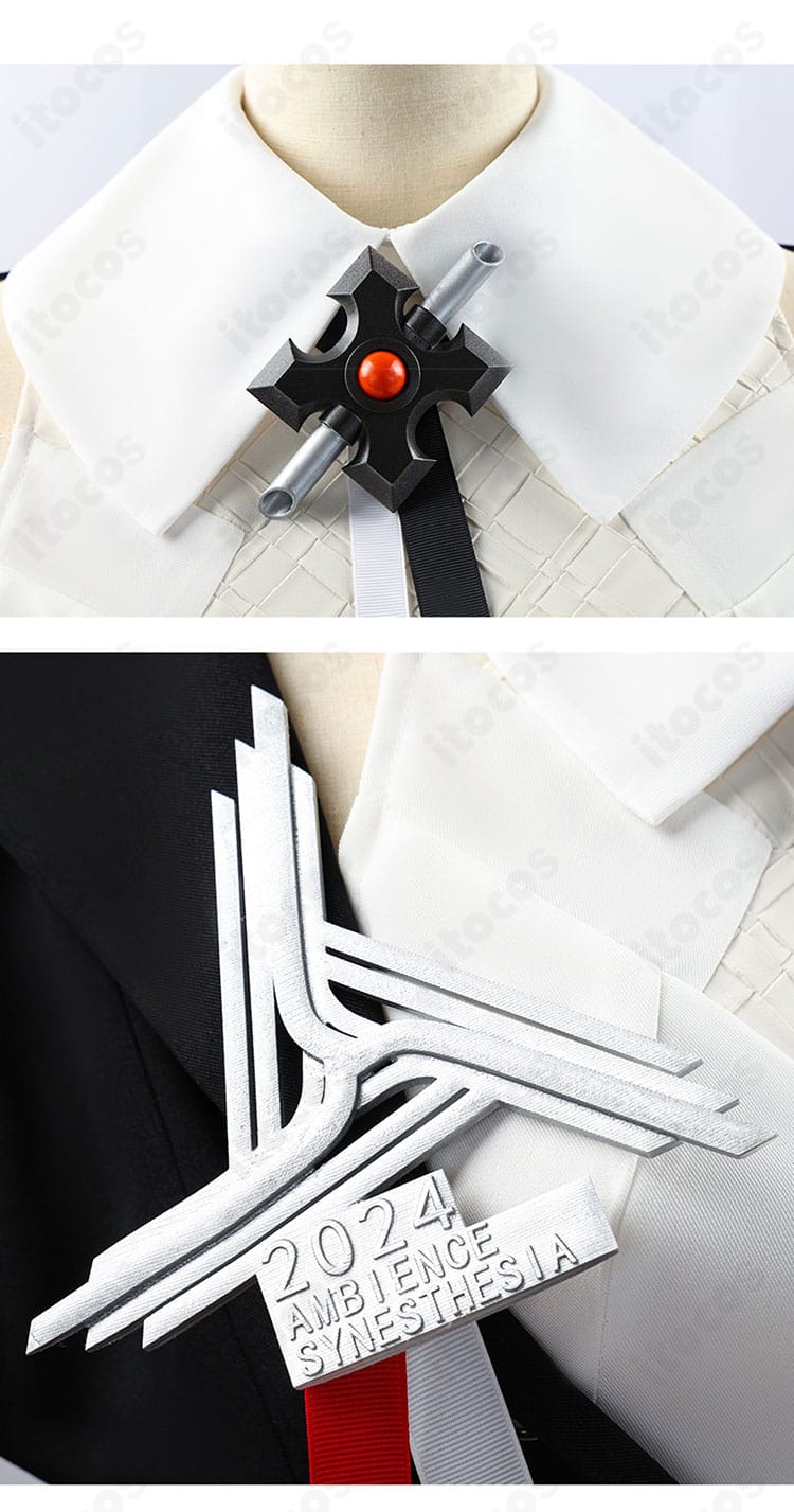 アークナイツ テレジア 音律聯覚2024コスプレ衣装の襟・衣領ディテール。刺繍と装飾金具の質感が分かる近接写真。