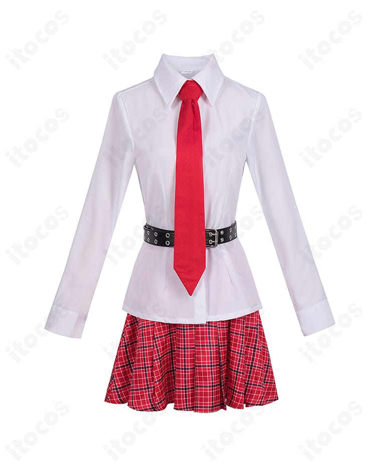 白シャツの正面ディテール。襟元の開き具合と前立てのステッチ、イベントでも整えやすい仕立てを示す写真。