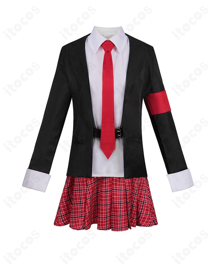 しゅごキャラ! 日奈森あむ コスプレ衣装の正面アップ。ジャケットのボタン位置とタイの色味、チェック柄スカートのバランスが確認できる写真。