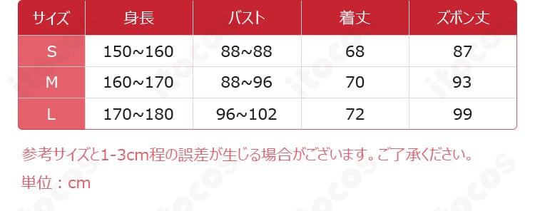 雫 コスプレ衣装のサイズ表。S・M・L各部位寸法を確認できる図表