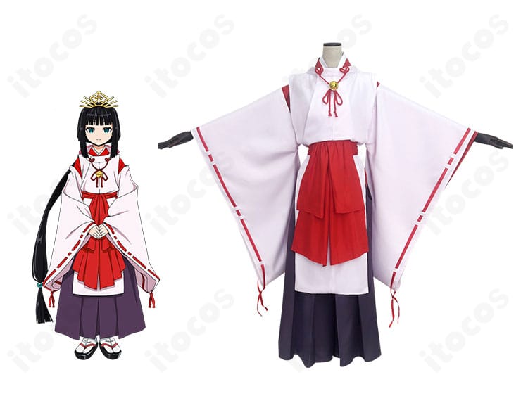 逃げ上手の若君・雫のコスプレ衣装の正面とキャラクター比較。袖・帯・鈴まで忠実に再現した和装フルセットの見比べ画像