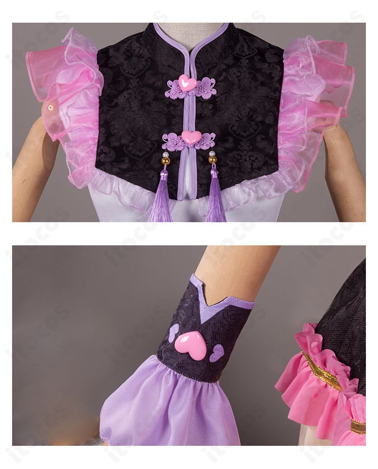 真中らぁら 衣装の襟元と腕飾りアップ。繊細な装飾配置と縫製の仕上がりが分かるディテール写真。