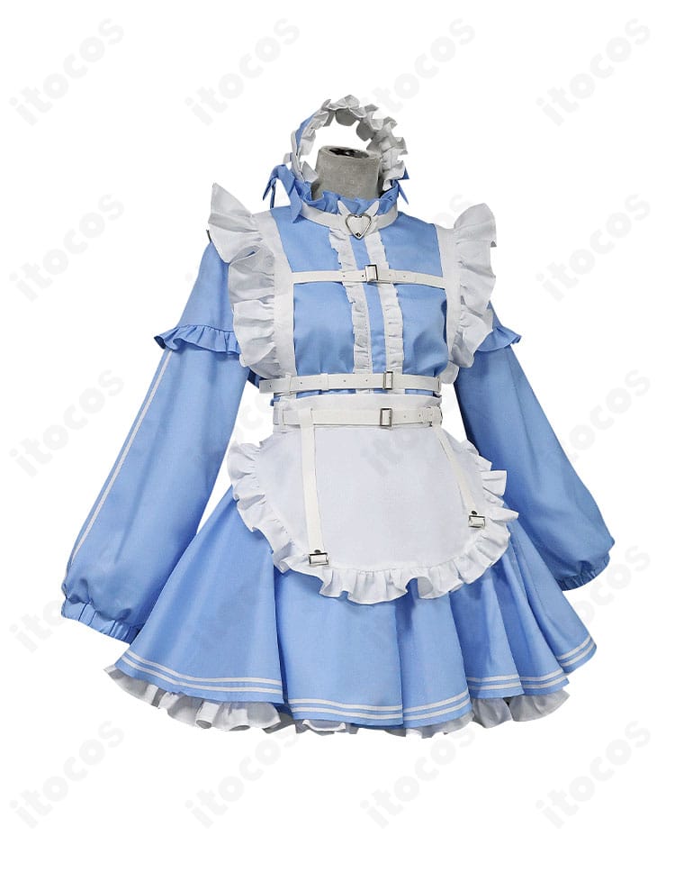 正面からの商品単体写真。トップスとスカートのライン、エプロンのディテール、ベルト位置がわかる黛冬優子衣装。