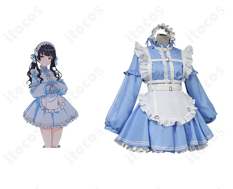 黛冬優子の公式ビジュアルと並んだ正面全身図。蝶ネクタイやエプロンを含む高再現コスプレ衣装の質感を比較できる画像。