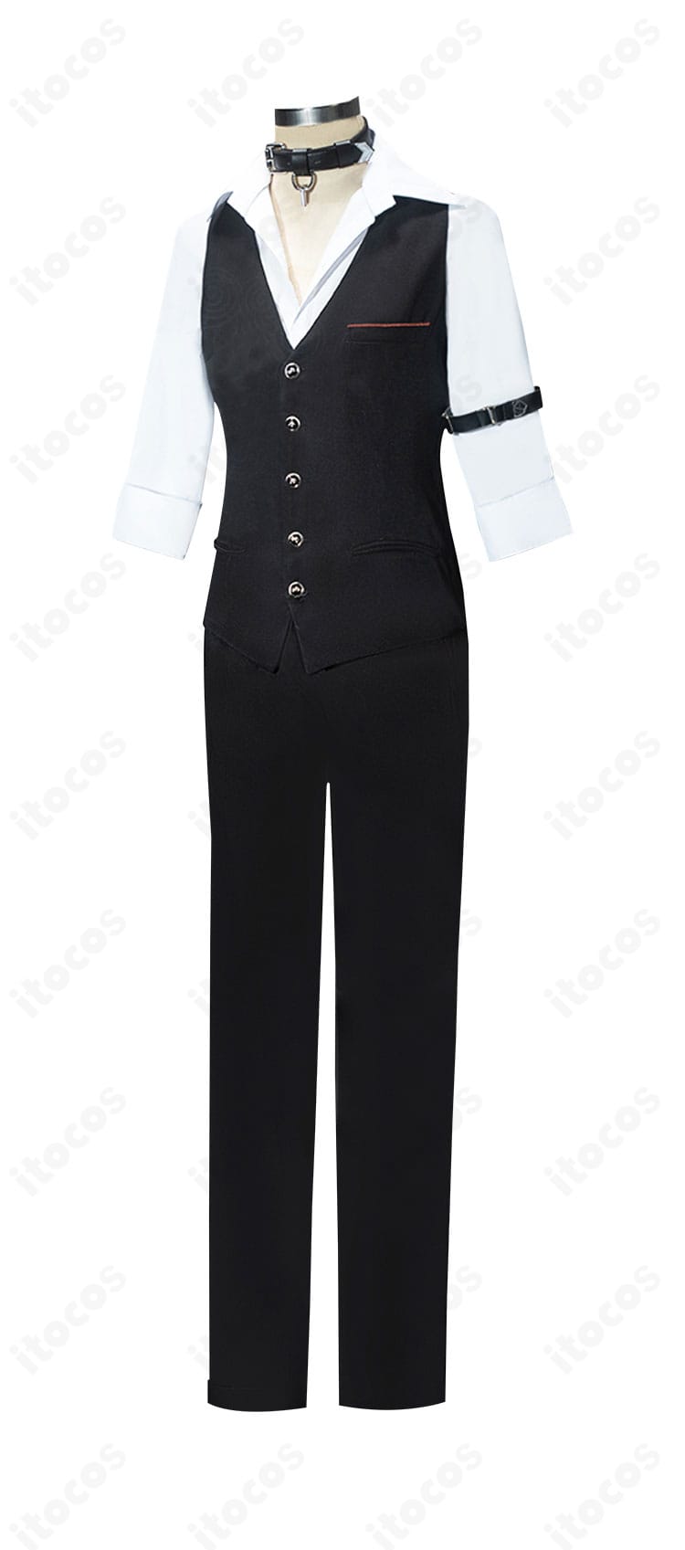 恋と深空 シン『無防備な禁区』コスプレ衣装の正面全体。ベスト・シャツ・ズボンとチョーカー、腕飾り・背飾りのディテールを高再現で確認できる画像