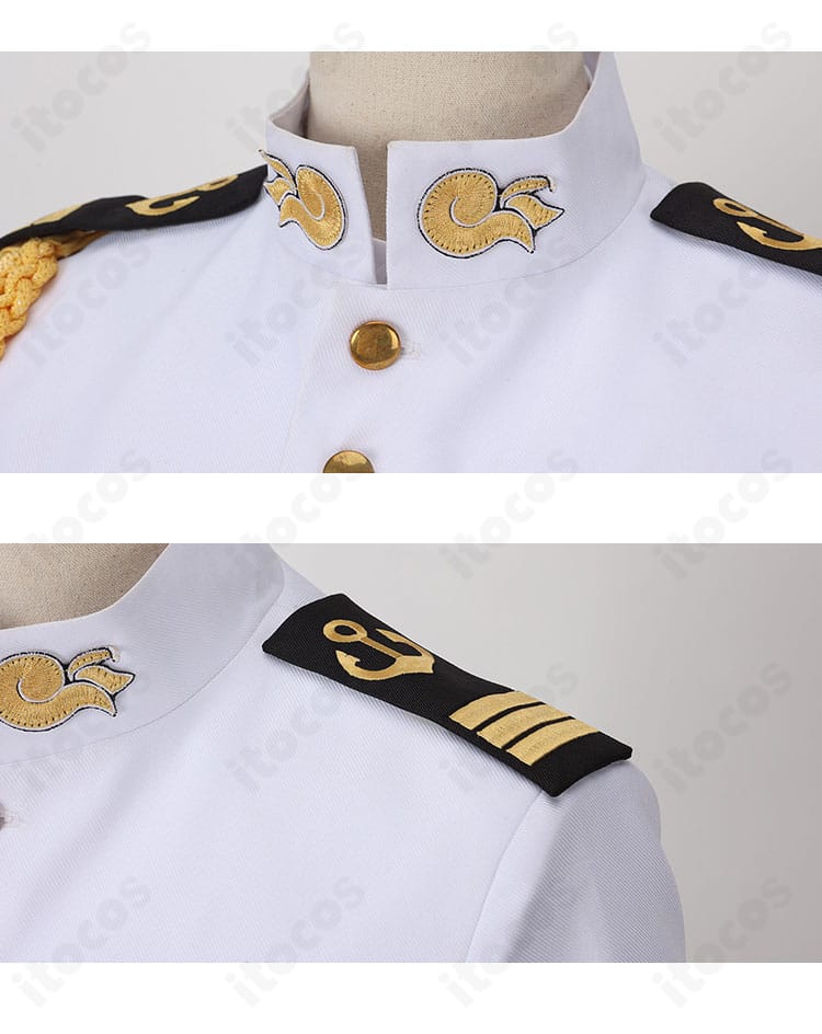 ネモの士官服コスプレの肩章と襟元ディテール。刺繍と装飾パーツの質感を強調したクローズアップ。