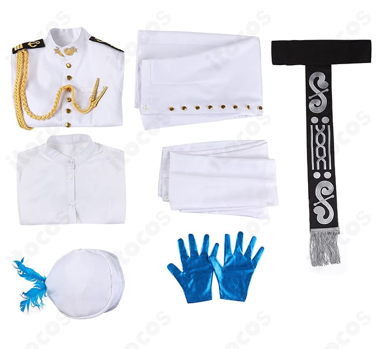 Fate/Grand Order Arcade ネモ 士官服コスプレのセット内容一覧。コート、シャツ、ズボン、オーバースカート、腰飾り、帽子、手袋が揃う構成。