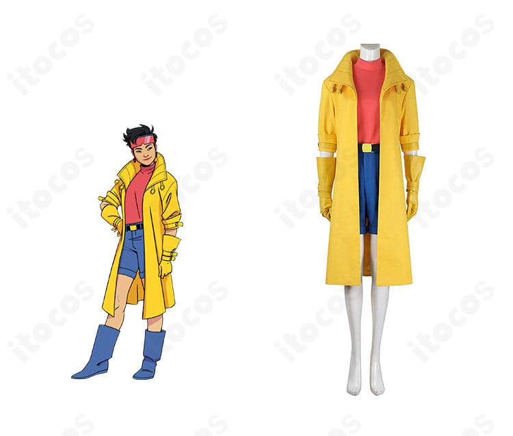 X-MEN ’97 ジュビリー コスプレ衣装の全身フロント。イエローコートとビビッドな配色が映える