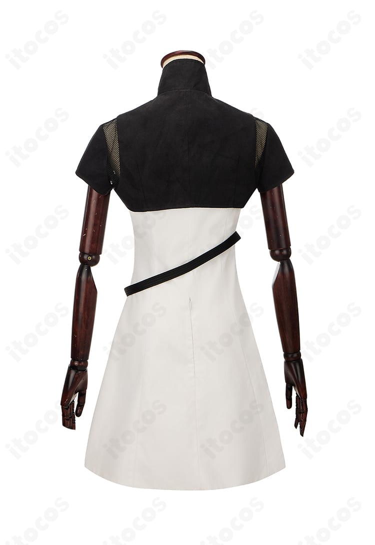 FFXIV ミコッテ アンドロイド旧式軍装:医 コスプレ衣装の背面全体。背中の切り替えとベルトの配置が見える