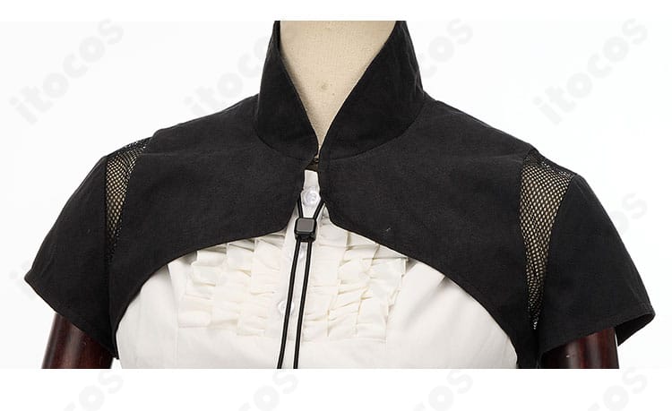 FFXIV ミコッテ衣装の襟元装飾ディテール。精密な刺繍と金具でアンドロイド旧式軍装:医の意匠を表現