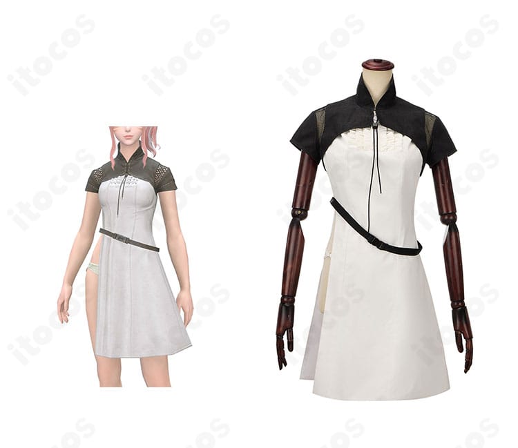 FFXIV ミコッテ アンドロイド旧式軍装:医 コスプレ衣装の正面とキャラクター比較。襟やベルト位置など再現度を確認できる構図