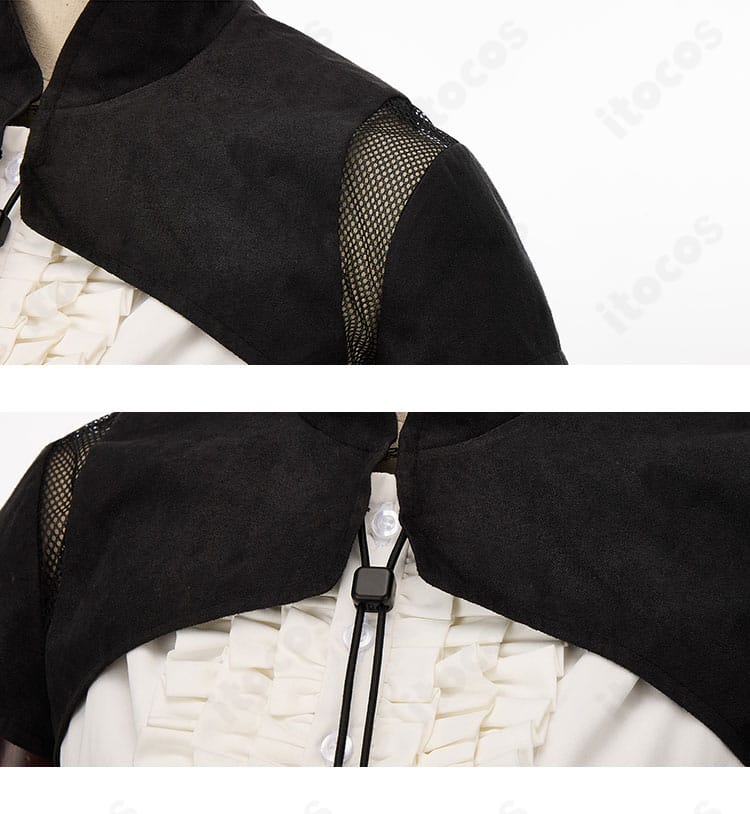 FFXIV ミコッテ衣装の前胸と肩の装飾ディテール。ステッチと立体パネルでゲームの質感を再現