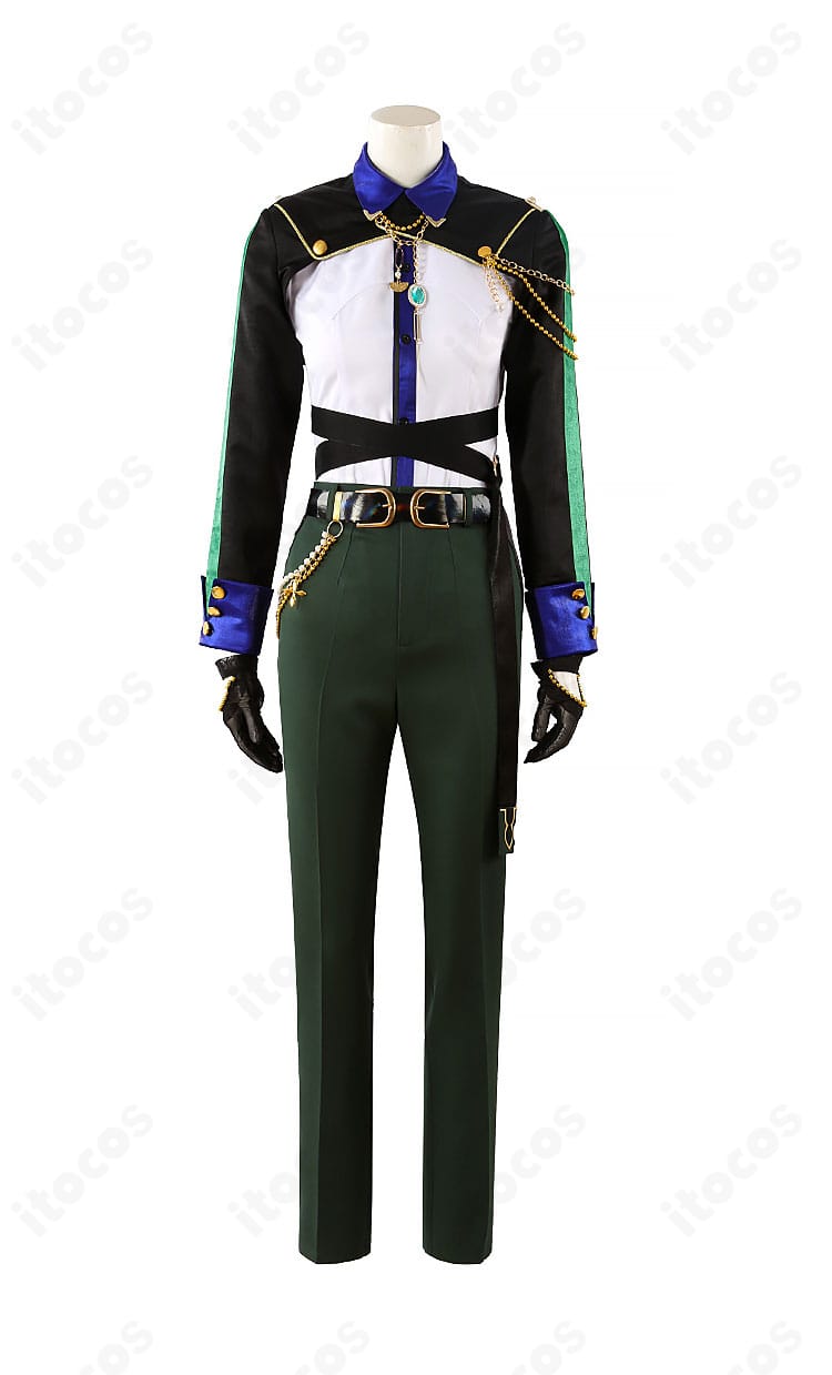 月永レオ『TRIP』衣装 正面アップ。襟元から胸元のデザイン、ネックレスとシャツのレイヤーが見えるディテール写真