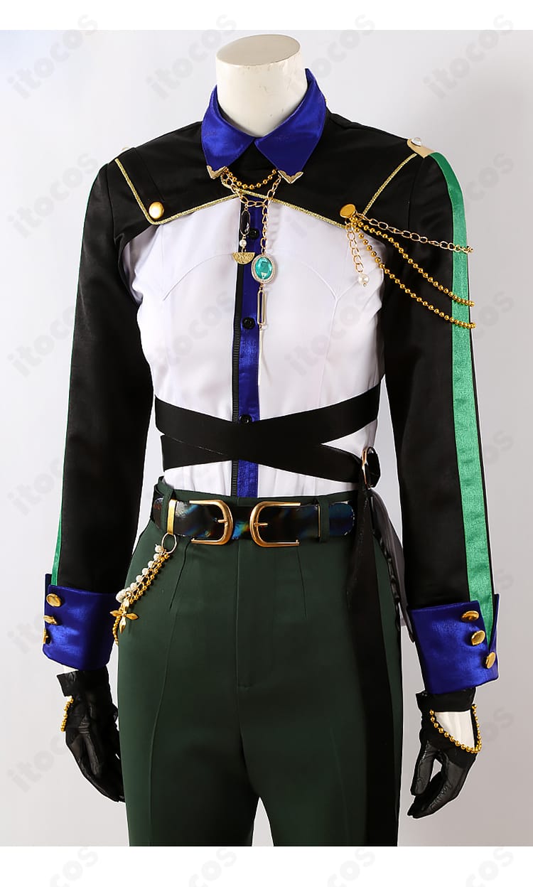 月永レオ『TRIP』衣装の装飾ディテール。ネックレスや刺繍風装飾、手袋の質感を近接で写した説明画像