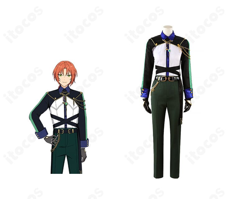 あんさんぶるスターズ！！ 月永レオ『TRIP』衣装の正面全体とキャラクター比較。シアー感コートと装飾の配置がわかる解説画像