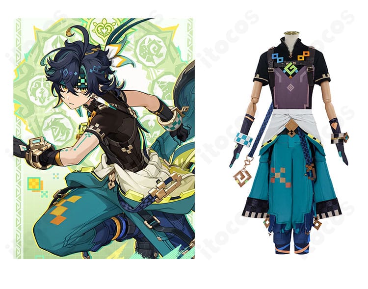 商品正面と『原神』キィニチのコスプレ衣装全体。トップスとズボン、装飾を含む高再現モデルのフロントビュー