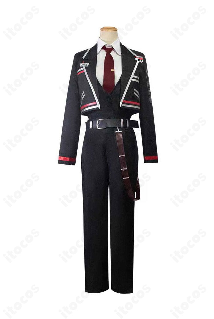 Limbus Company アウトィス（ウーティス）コスプレ衣装の正面写真。直線的シルエットとマット生地の質感、配色ディテールを確認。