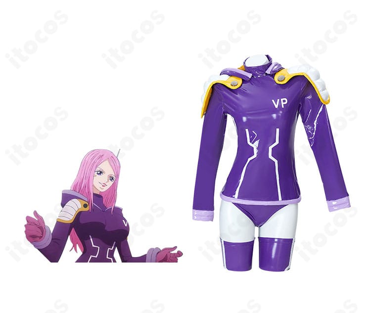 ジュエリー・ボニー エッグヘッド編コスプレ衣装の正面全体像。帽子・トップス・パンツ・手袋まで揃ったセットをモデル正対で確認可能。