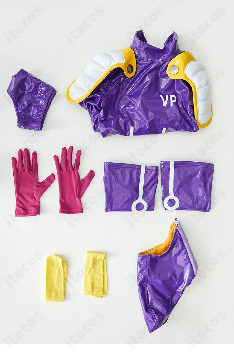 ジュエリー・ボニー エッグヘッド編コスプレ衣装のセット内容一覧画像。トップス・パンツ・靴下・手袋・帽子の一式をレイアウトで表示。