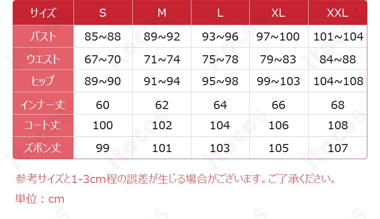第五人格 墓守コスプレ衣装のサイズ表と寸法図。S〜XXLの選び方ガイド用画像