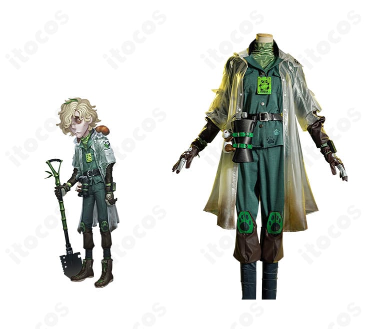 第五人格 墓守（アンドルー・クレス）コスプレ衣装の正面全体とキャラ比較。高再現のレインコートと装飾がわかる画像