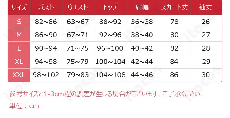 サイズ表と寸法ガイド。ジュビア・ロクサー チャイナ服コスプレ衣装の各部位サイズ説明