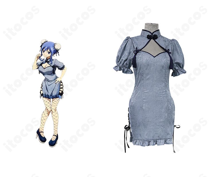ジュビア・ロクサーのチャイナ服コスプレ衣装（正面）とキャラクタービジュアルを並置した商品画像