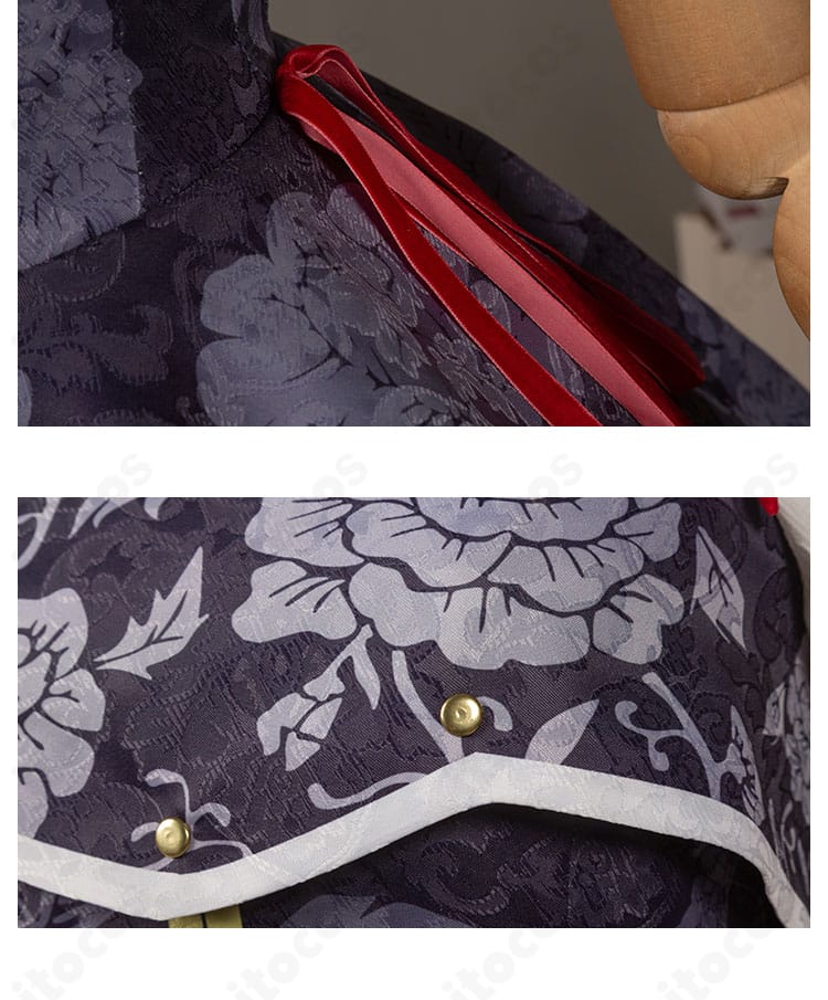 クルル・ツェペシ衣装の赤系飾り紐のクローズアップ。結び目と質感、色の深みを表現。