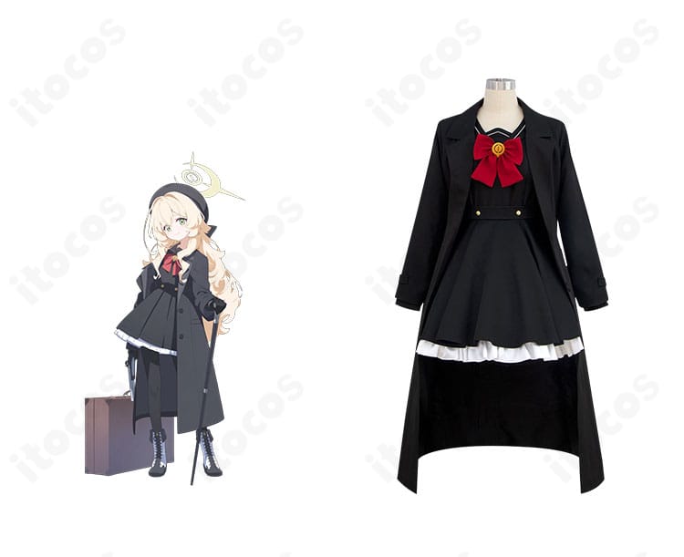 ブルーアーカイブ ニヤニヤ教授風コスプレ衣装の正面とキャラクターイメージ比較。コートとワンピースの配色や小物配置まで高再現。