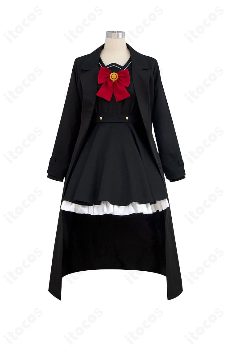 ブルーアーカイブ ニヤニヤ教授 コスプレ衣装の正面全体。学園制服風コート×ワンピースの端正なシルエットと質感が分かる画像。