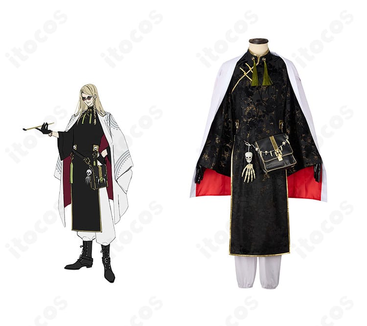 FGO テスカトリポカのコスプレ衣装・正面とキャライメージの合成。重厚なロングコートと装飾を忠実再現した全体像。
