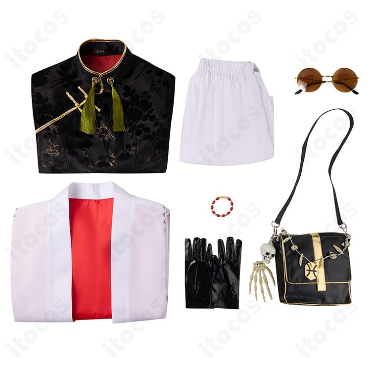 FGO テスカトリポカ衣装のセット内容一覧。コート、上着、ズボン、メガネ、ポーチが並ぶ構成画像。