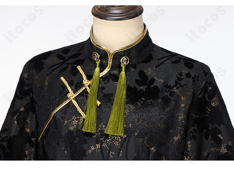 FGO テスカトリポカ衣装・斜め襟のデザイン詳細。特徴的な襟の角度と縁取りを近接で紹介。