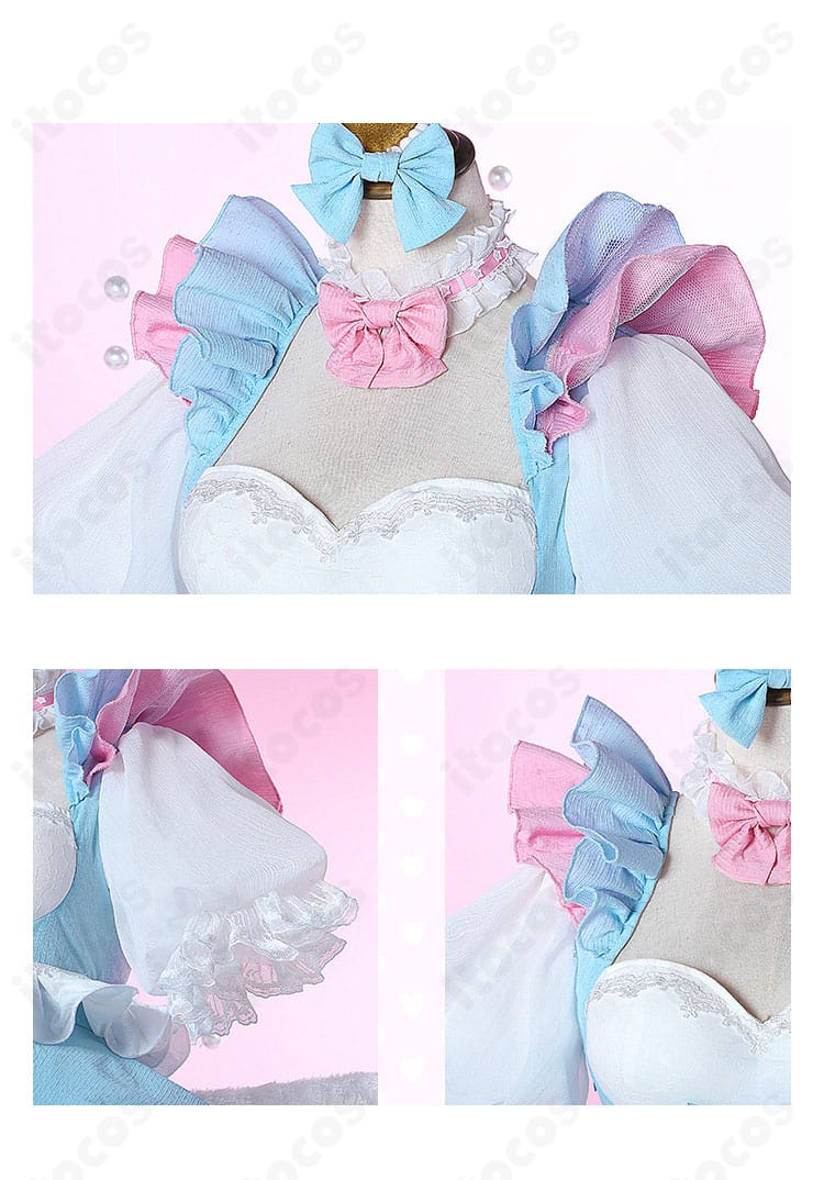 初音ミク 夢かわプリンセス衣装の襟元と肩周りディテール。刺繍とレース装飾の近接写真