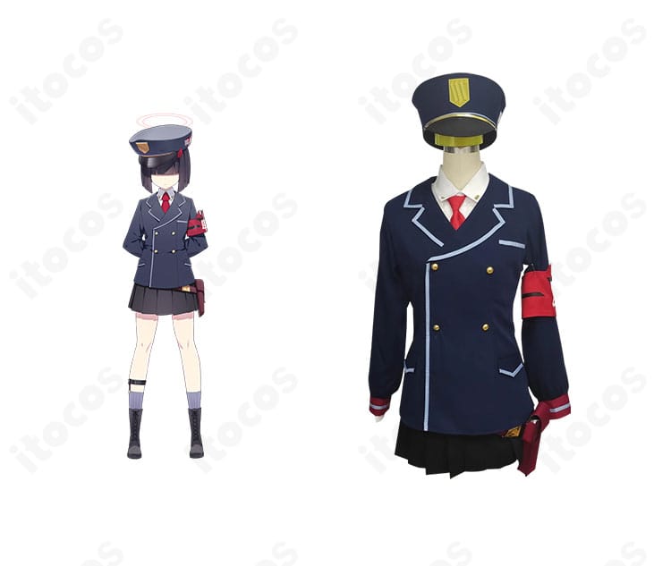 ブルーアーカイブ 風紀委員会 制服コスプレの正面＋キャラクター融合イメージ。紺系コートと腕章・ネクタイを備えた高再現の全身コーデ。
