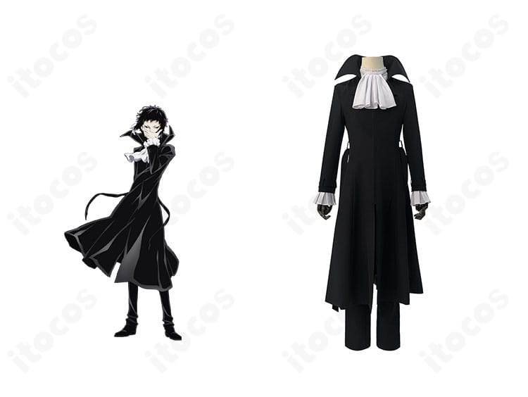 文豪ストレイドッグス 芥川龍之介の正面比較。キャラクターとコスプレ衣装を並べ、ロングコートと白スカーフの高再現度を示す画像。