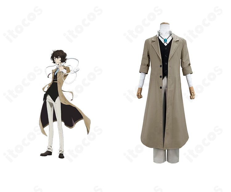 文豪ストレイドッグス 太宰治の正面コーデ例とコスプレ衣装一式を並べた比較画像